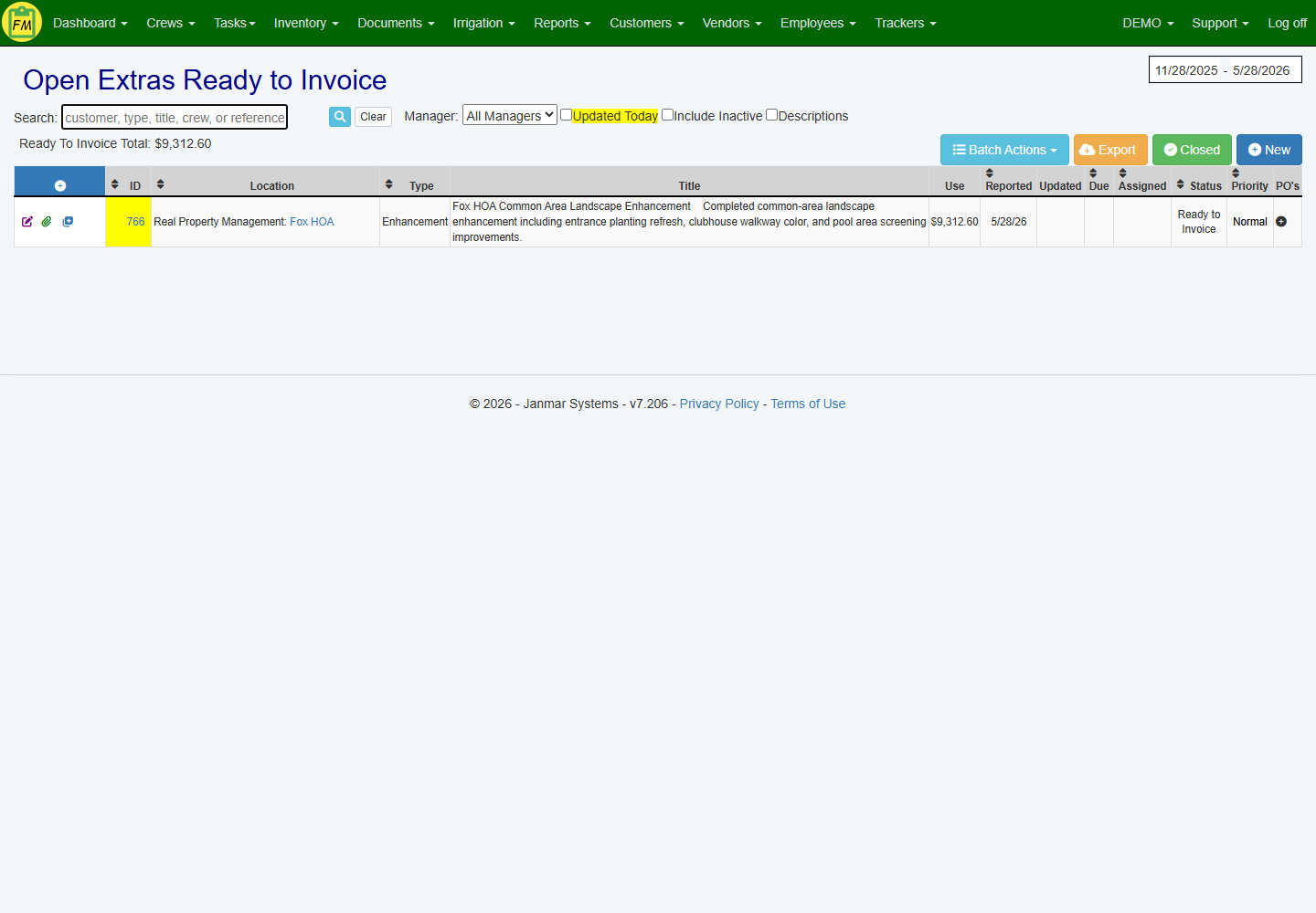 A dashboard showing completed jobs with tracked materials ready for office billing review