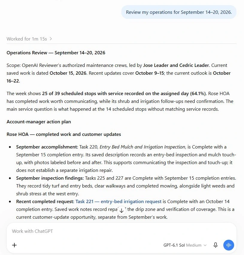 A real ChatGPT operations review across two maintenance crews, using fictional Janmar Landscapes production-demo records.