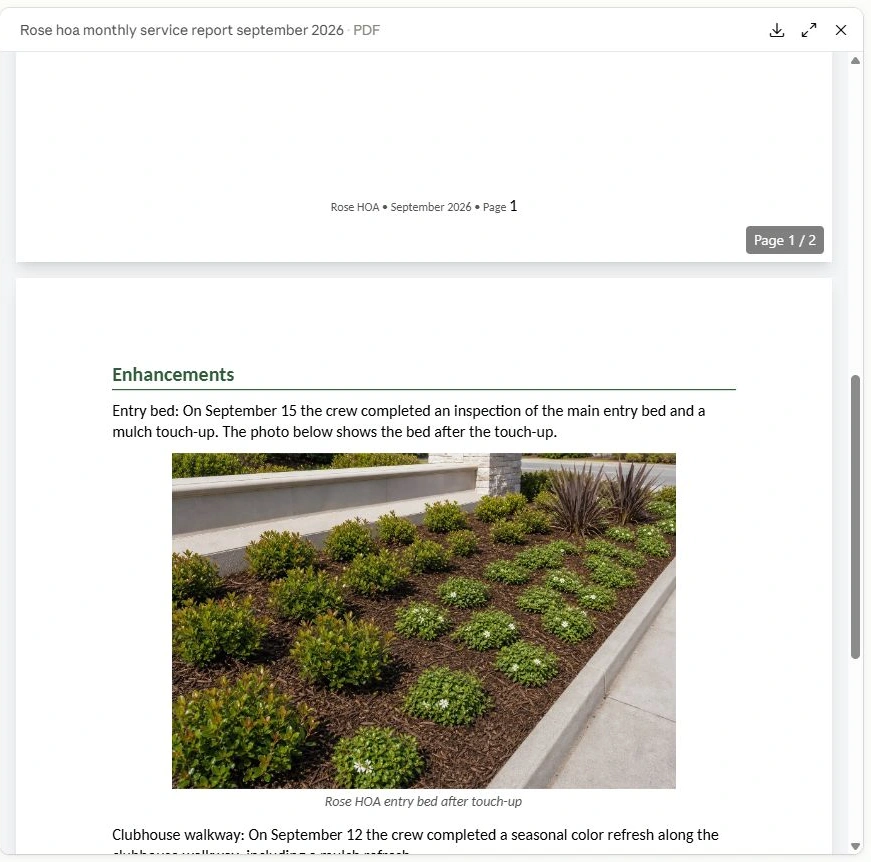 Actual Claude PDF preview of Rose HOA’s September client report, showing completed enhancements and the original entry-bed photo with its saved caption.