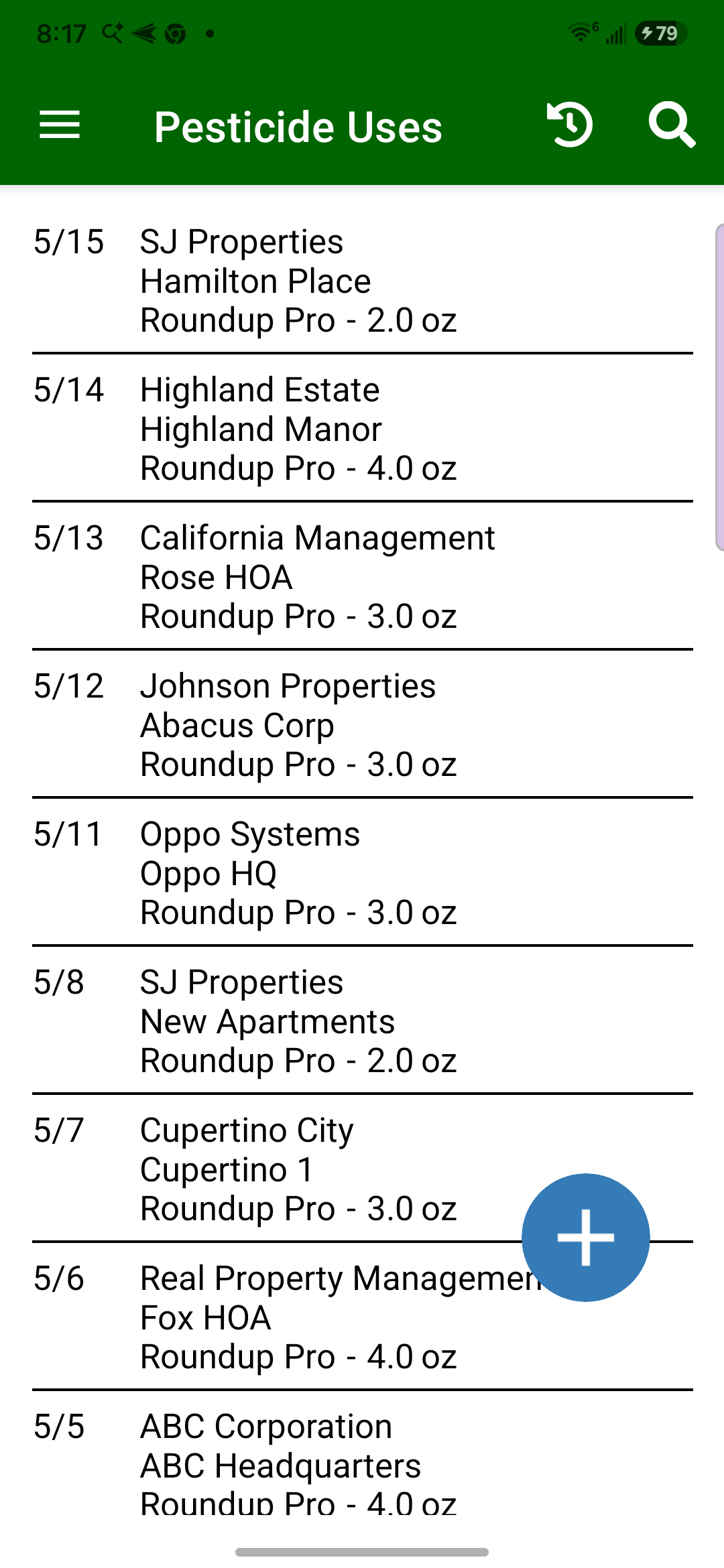 Field Assistant pesticide use list showing recent Roundup Pro applications by date, jobsite, and quantity.