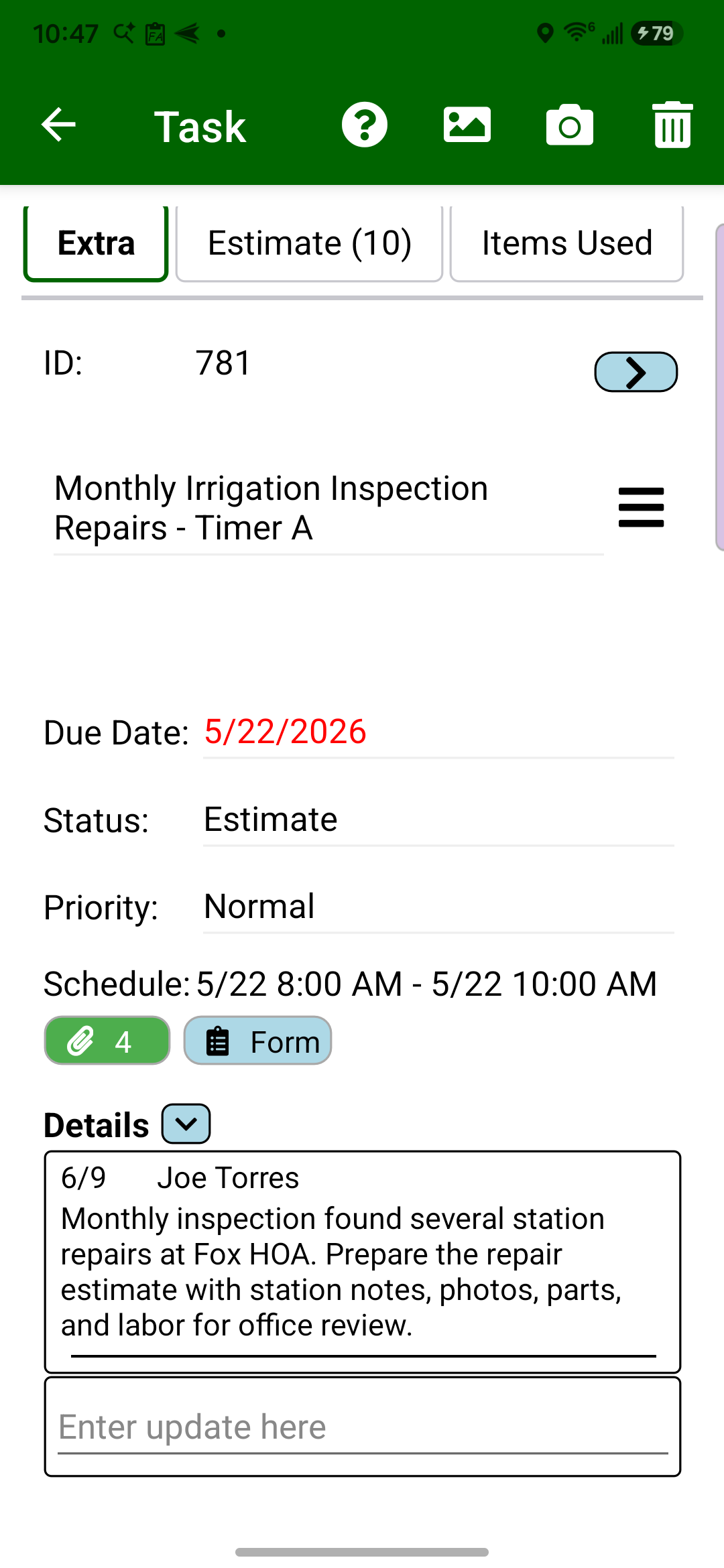 Field Assistant irrigation repair task for Fox HOA with due date, estimate status, attachment count, and repair notes.