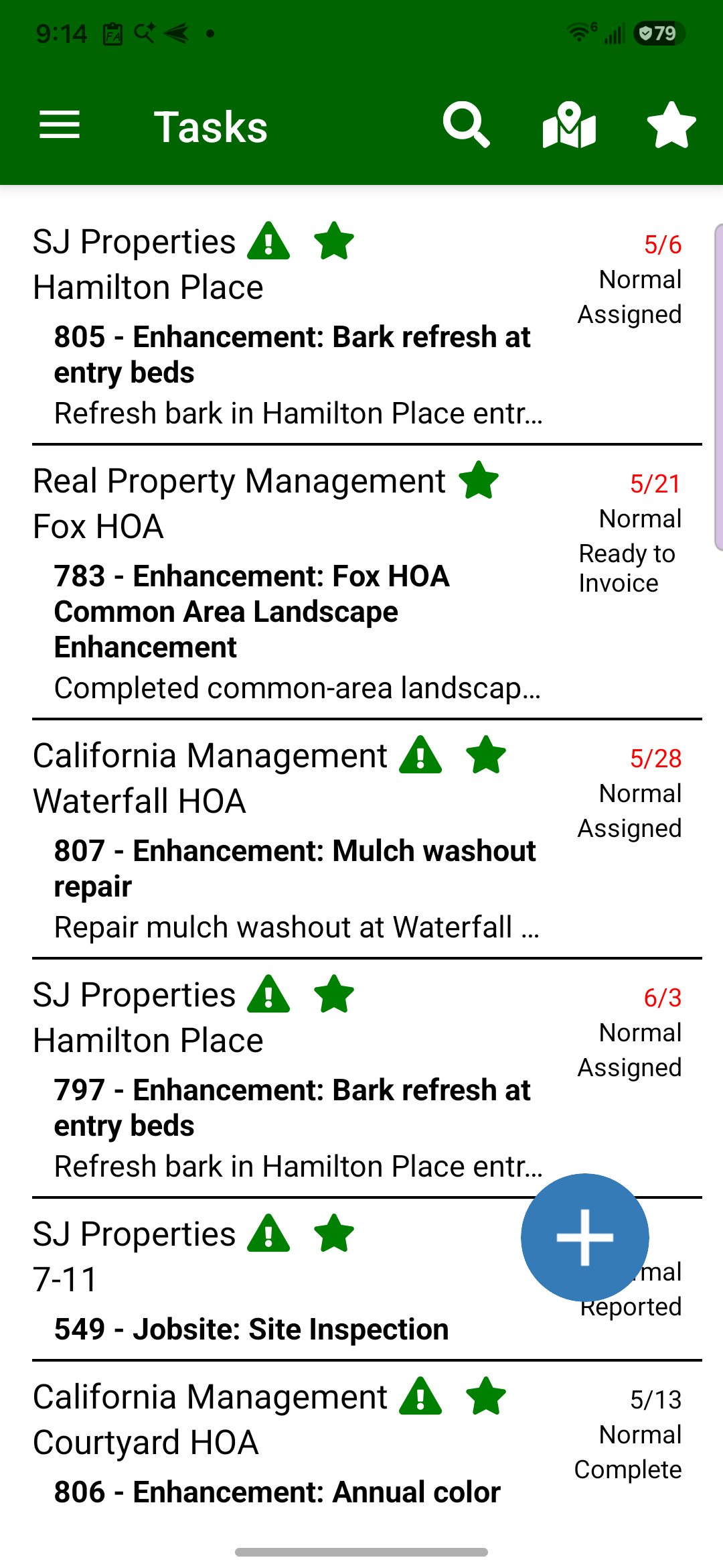 Field Assistant task list with enhancement tasks, site inspection work, due dates, statuses, and assigned work context.