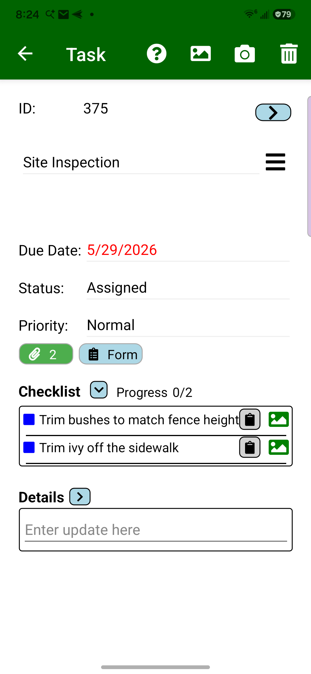 Field Assistant site-inspection task with two photo-backed checklist items ready for the maintenance crew.
