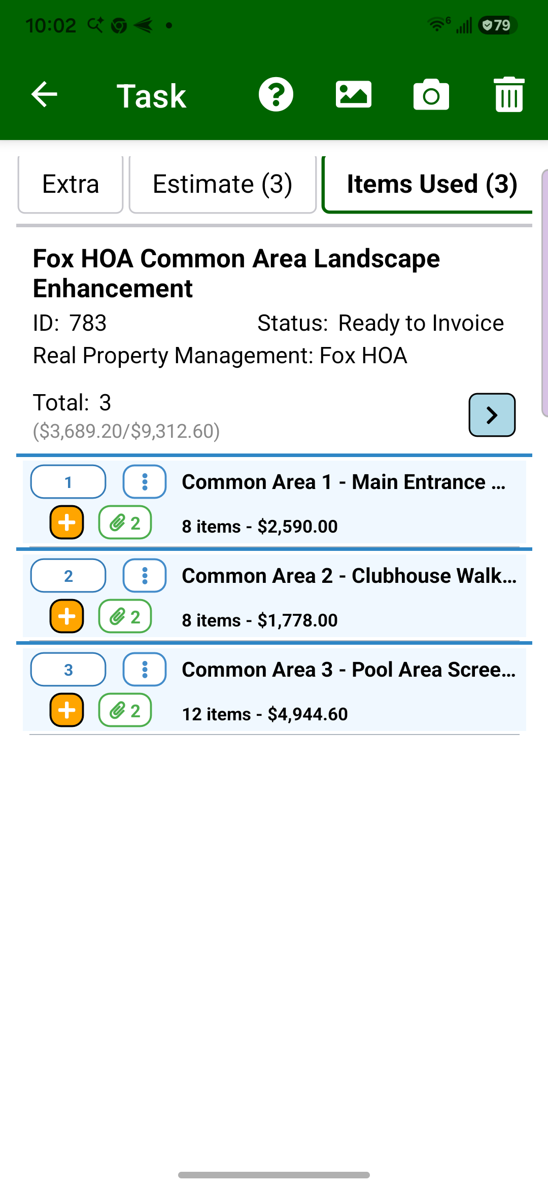 Field Assistant Fox HOA enhancement items-used screen with work-area sections, item counts, attachment counts, and totals.