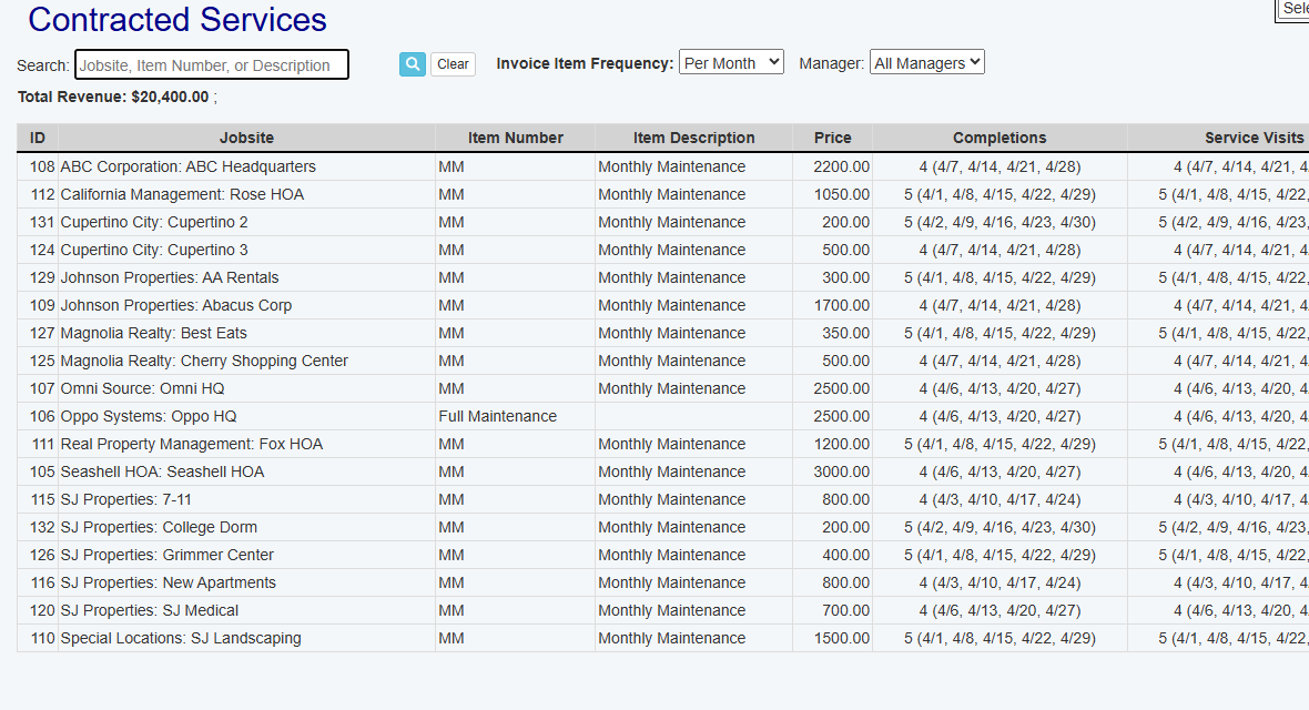 Field Manager contracted services screen showing monthly maintenance services ready for QuickBooks invoicing