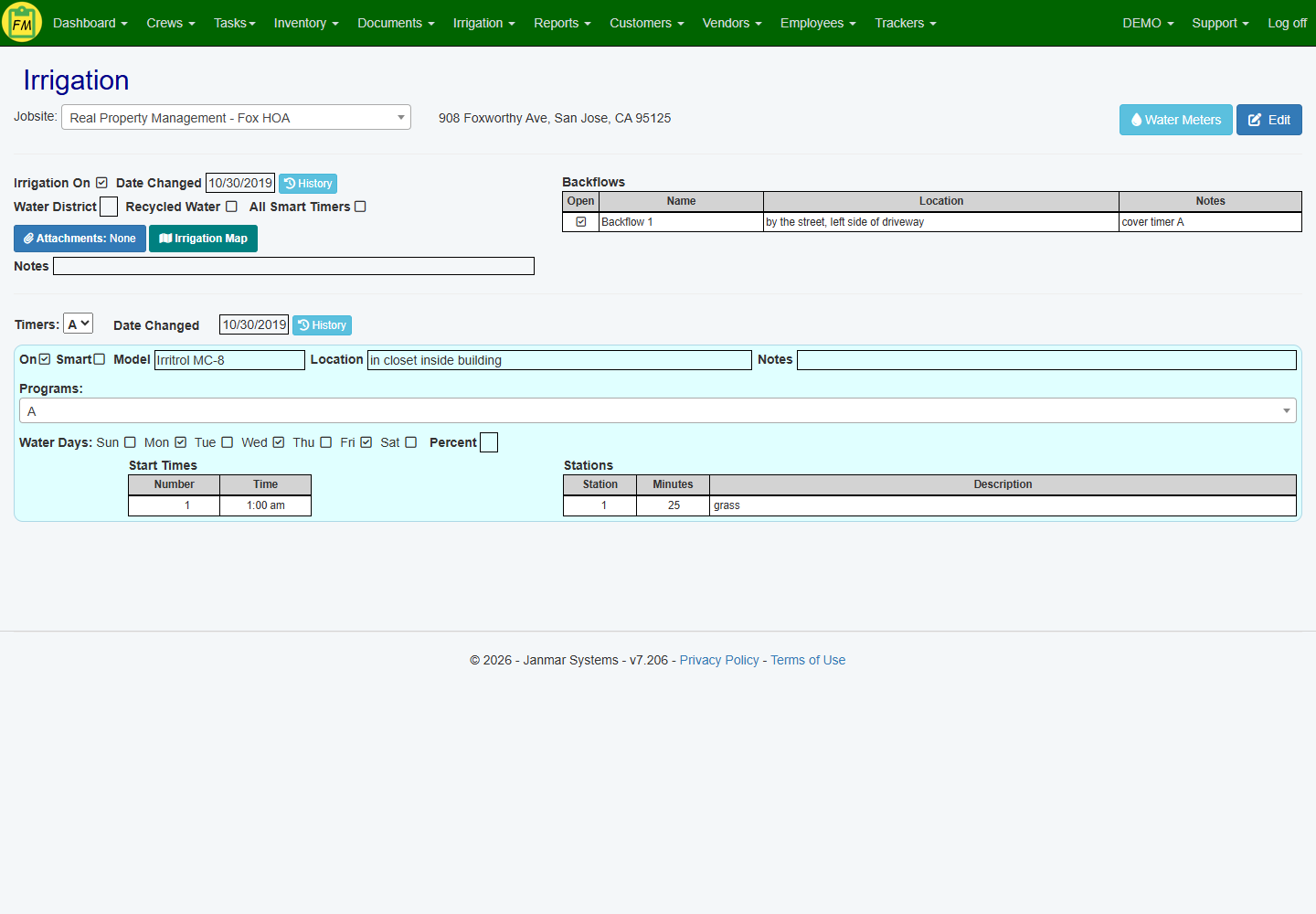 A dashboard showing centralized irrigation data, including timer settings and backflow locations.